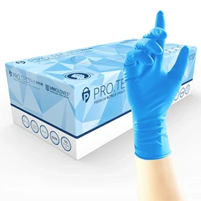 Image of Unigloves PRO.TECT Blue XHD+ Nitrile Disposable Gloves Ultra Heavy Duty, Single Use, Multipurpose, Powder Free Box of 50 Gloves, Blue, Medium (GA0103)
