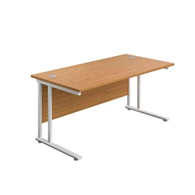 Image of Office Hippo Heavy Duty Rectangular Cantilever Desk, Home Table + Integrated Cable Ports, PC Desk For or Home, 5 Yr Wty White Frame/Oak Top, 160cm x 80cm