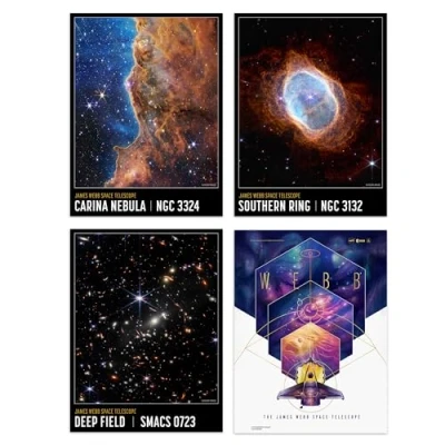 Image of Artery8 Pack of 4 NASA James Webb Space Telescope Images Cosmic Cliffs Carina Nebula Southern Ring Deep Field Unframed A4 Wall Art Living Room Prints Set