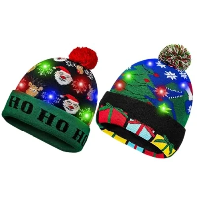 Image of 2 Pack Christmas Beanie Hat Fun LED Light Up Holiday Adults &amp; Kids Warm Bobble Hat, Elf Hats for Adults, Baby Xmas Party Hats, Gifts Festive (Ho Ho Santa + tree)