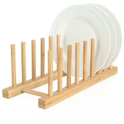 Image of COM FOUR® draining Rack for Dishes Plate Holder Made of Bamboo Stable Dish Drainer Modern Kitchen Organizer Solid Dryer Pot lid (1 Piece 34x12.5x12cm Brown)