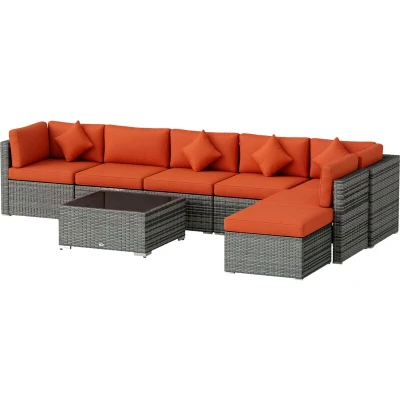 Image of Outsunny 8 Pieces PE Rattan Corner Sofa Set, Outdoor Garden Furniture Patio Wicker Seater w/Cushion, Washable Cushion Cover &amp; Tempered Glass Table, Orange