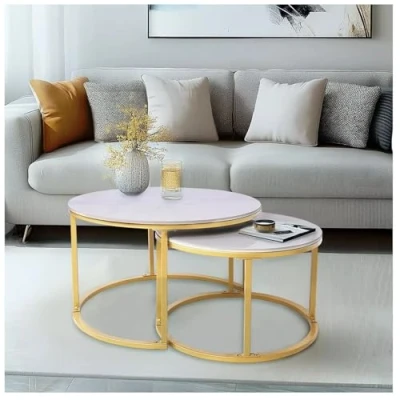 Image of BURAKH Modern Nesting Coffee Sofa Living Room Table Set of 2 White Round Wood Gold Metal Tables with Frame Legs End