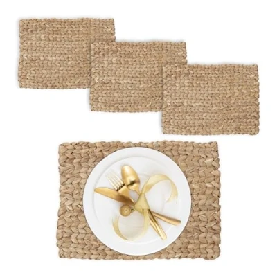 Image of Relaxdays Place Mat Set, 4x Coaster, Decorative Table Protector, Rectangular, W x D: 42 30 cm, Water Hyacinth, Natural, Plant fibre, 1.5 cm