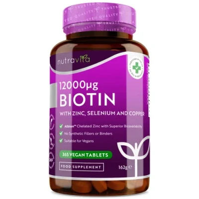 Image of Biotin Hair Growth Supplement 12,000mcg with Zinc, Selenium &amp; Copper Full Year Supply 365 Vegan High Strength Tablets for Supports Hair, Skin Nail Nutravita