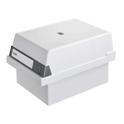 Image of HAN 967 11, Card filing box A7 landscape. Innovative, attractive design holds 800 cards, readjustable lid supplied with large inscription label, light grey