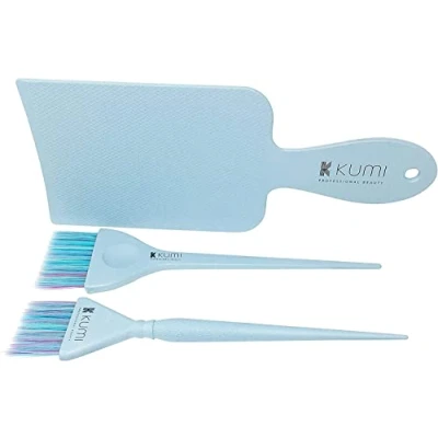 Image of Kumi Wheat Blue balayage Board &amp; Brush 3 Piece Set hair Colouring Tool Kit, complete with 2 dye / tinting brushes and board, an ideal kit for home or professional use.