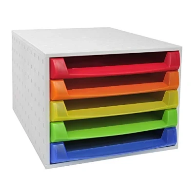 Image of Exacompta Ref 221098D Linicolor Collection The Box 387 x 284 218mm in Size, 5 Open Drawers, 38mm Drawer Height, Suitable for A4+ Documents Translucent Harlequin