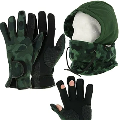 Image of NGT Neoprene Fishing Camo Gloves XL EXTRA LARGE + Green Shooting Hunting Snood Face Guard
