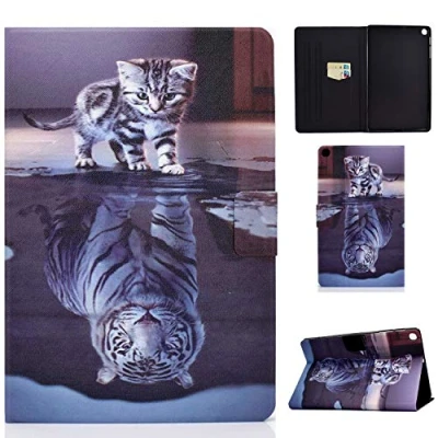 Image of Succtop Galaxy Tab A 10.1 2019 T510/T515 PU Leather Flip Stand Wallet Case Cover T510 Card Slot for Samsung SM T510/SM T515, Cat and Tiger