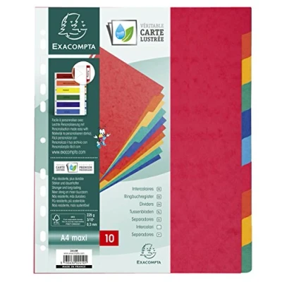Image of Exacompta Ref 2410E Nature Future Dividers Suitable for A4+ Documents, Pre Punched, 225gsm Genuine Pressboard, 10 Part Dividers, FSC Certified Multi Coloured