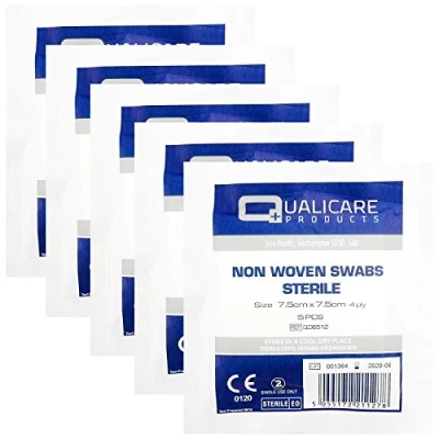 Image of Qualicare None Woven 4PLY Sterile Gauze Medical Swabs Single Pack, 7.5cm x Sqaure 5 Pack (25 Swabs)