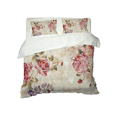 Image of KLBPL Duvet Cover Set 3D Bedding Rose Peony Microfiber Polyester Comforter With 2 Pillow Shams, 3 Pieces, Zipper
