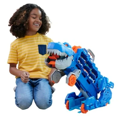 Image of Hot Wheels City Racetrack, 2 in 1 Ultimate T Rex Transporter with Lights and Sounds, Toy Storage for 20 Cars, Includes Toys Ages 4 Up, One Pack, HNG50