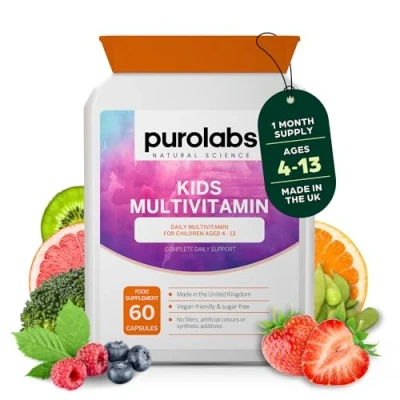 Image of Multivitamin for Kids with Calcium, Zinc, Iron, Vitamin C, B12 and D3 Vitamins 14 Essential Nutrients 60 Vegan Capsules Made in The UK by Purolabs