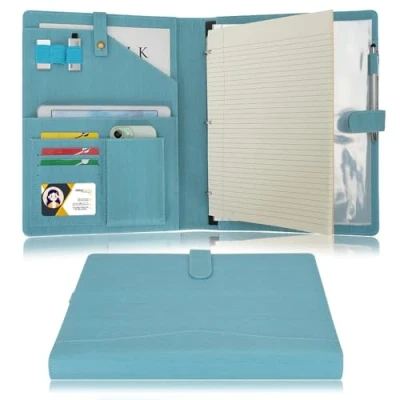 Image of Wonderpool A4 PU Leather Portfolio Holder Ring File Document Case with Removable Binder Clipboard, Multi Pocket and Legal Pad for Business Organizer Interview Meeting (Light Blue)