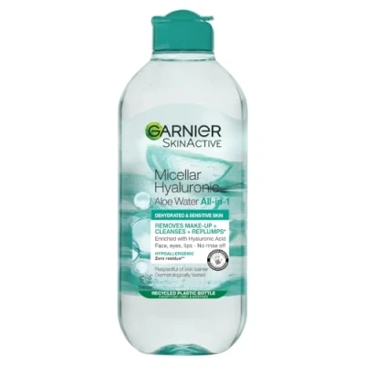 Image of Garnier Micellar Hyaluronic Aloe Cleansing Water For Dehydrated Skin 400ml, Replumping Cleanser &amp; Makeup Remover, Recognised By The British Foundation, Use With Reusable Eco Pads