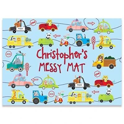 Image of Paper Themes Personalised Messy Mat Plastic table Cloth Wipe Clean Protect your and floor from spills accidents ((L) 110 x 75 cm, Cars)