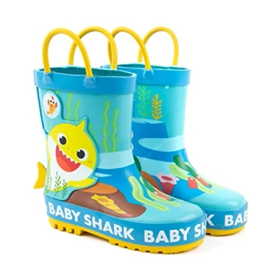 Image of Baby Shark Kids Wellies in Blue Rain Protection Wellington Boots with Yellow 3D Fin for Boys &amp; Girls Family Song Fun Rubber Water Resistant Shoes Todlders Gift Children