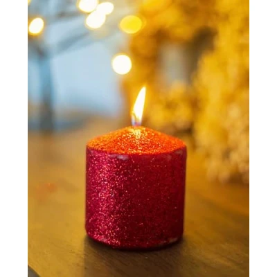 Image of Marco Paul Christmas Red Glitter Pillar Candle, Non Scented Candles Candle for Indoor Decorations, Wedding Decor Long Lasting Sparkle (7.5cm x 7.5cm)