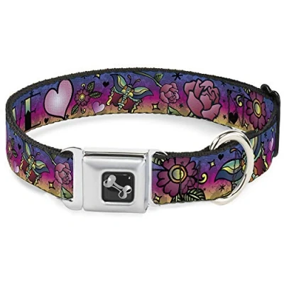 Image of Buckle Down Seatbelt Dog Collar Love Purple 1.5&quot; Wide Fits 16 23&quot; Neck Medium