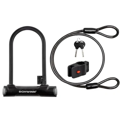 Image of Schwinn Bike Max U Lock with Double Crimped Cable, 2 Keys Included, 4 feet x 10mm Anti Theft Bicycle Lock, Security Level 5