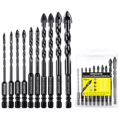 Image of HPMAISON 10PCS Masonry Drill Bits, 4 Cutter Tungsten Carbide Tip Bit Set for Drilling Concrete, Tile, Ceramic, Brick Wall, Glass, Wall Mirror, Plastic and Wood 3/4/5/5/6/6/8/8/10/12mm