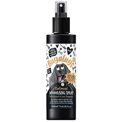 Image of BUGALUGS oatmeal dog deodorant deodorising spray with Coconut &amp; Lime scent, perfume odour neutraliser vegan cologne grooming eliminator use shampoo