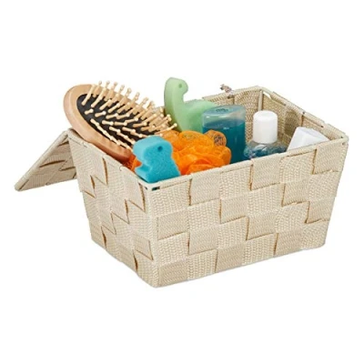 Image of Relaxdays Storage Basket with Lid, Metal, Beige, 10.5 x 19.5 14.5 cm