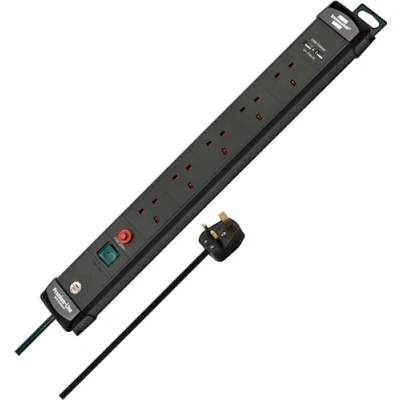 Image of Brennenstuhl Premium Line FB, 5 way extension lead with 2 USB charging ports (switch and 3m cable, Safety Fuse Button, Made in Germany) black