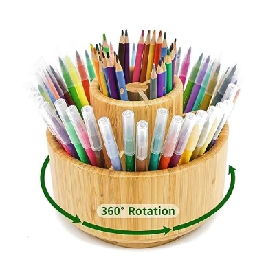 Image of VaeFae Bamboo Pen Holder Organiser, Round Rotating Art Supply Hold 420 Pencils, Desktop Storage for Marker Pens, Colored Pencil, Brushes, etc.