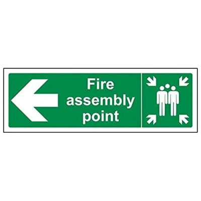 Image of V Safety Fire Assembly Point Arrow Left Sign 300mm x 100mm Self Adhesive Vinyl