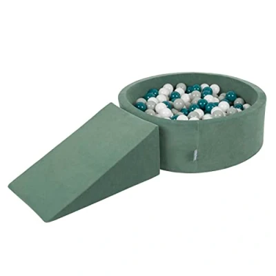Image of KiddyMoon Foam Playground Velvet For Kids With Round Ballpit (100 Balls ∅ 7Cm/2.75In) Soft Obstacles Course And Ball Pool, Forest Green:Dark Turquoise/Greygreen/White