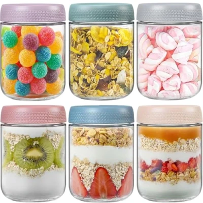 Image of TempFoo Overnight Oats Jar Container set 6, 480ml Glass Mason Jars with Lids, Cereal Milk Vegetable Fruit Salad Jam Protein Porridge Clear Storage Containers, Breakfast Pots Screw Lid