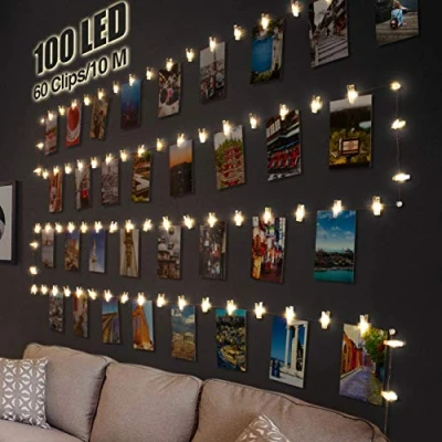 Image of litogo 100 LED Photo Clip String Lights, 10M Battery Powered Fairy Lights with 60 Clips Hanging Photos, Mini Silver Wire Polaroid Peg for Birthday Party Picture Card Decorations