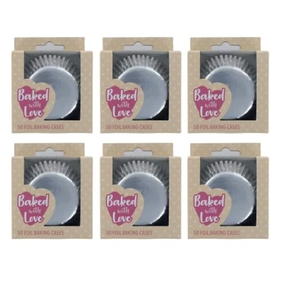 Image of Baked with Love Silver Foil Baking Cases, 300 Cups, Greaseproof Cupcake Silver, 6 Packs of 50 Cases