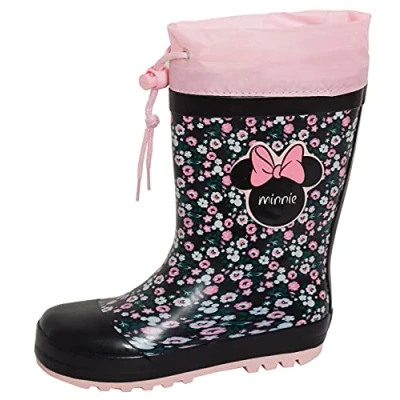 Image of Disney Girls Minnie Mouse Fleece Lined Tie Top Wellington Boots Kids Snow Shoes Black 9 UK Child/EU 27