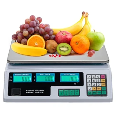 Image of 88LB 40KG Deli Electronic Commercial Price Computing Scale w/LCD Display, Stainless Steel Platform &amp; Charging Cable for Store, Kitchen, Restaurant Market, Farmer, Food, Meat, Fruit (Plastic White)