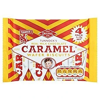 Image of ( 20 Pack ) Tunnock&#039;s Real Milk Chocolate Caramel Wafer Biscuits 4 x 30g