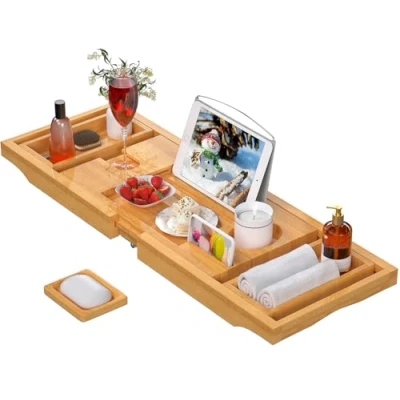 Image of Artmalle Bathtub Caddy Tray for Tub,Foldable Bamboo Bath Table with Book and Wine Glass Holder, Free Soap Dish Suitable Luxury Spa or Reading (Natural, Foldable Classic)