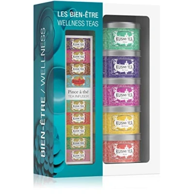 Image of Kusmi Tea Set of 5 Wellness Miniatures with Infuser Flavoured and Herbal Assortment Detox Tea, BB Detox, Boost, Sweet Love Infusion Be Cool Metal Boxes 5x25gr