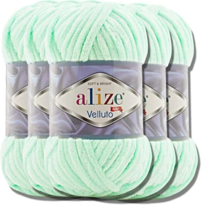 Image of Alize 5 x 100 g Velluto Turkish Wool Super Bulky Chenille Yarn Cuddly Soft Baby Hand Knitting for Crocheting XXL Ball Amigurumi (Mint 464)