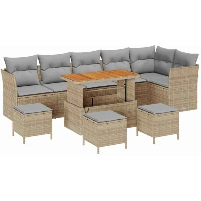 Image of vidaXL 10 Piece Garden Sofa Set with Cushions Beige Poly Rattan Acacia