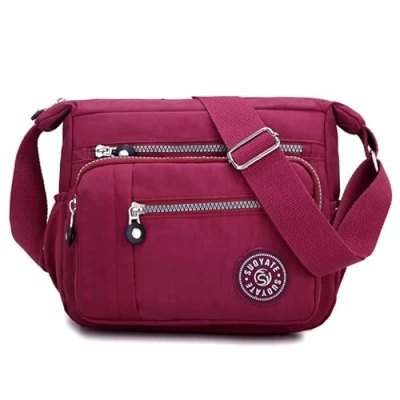 Image of Womens Multi Pocket Casual Canvas Crossbody Bag Travel Purse Messenger Handbag for Shopping Hiking Daily Use (Red)