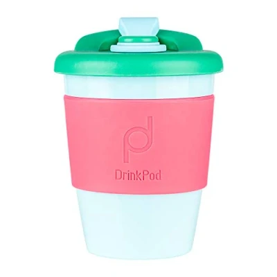 Image of DrinkPod 12oz/340 ml Reusable Coffee Cup / Travel Mug with Rotating Rubber Lip BPA Free PLA Plastic Laguna Rosa Pink