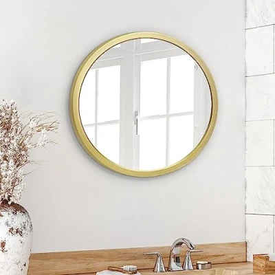Image of Americanflat 50 cm Gold Framed Round Mirror for Wall Circle Bedroom, Entryway, and Living Room Decor Bathroom with Hanging Hardware Included