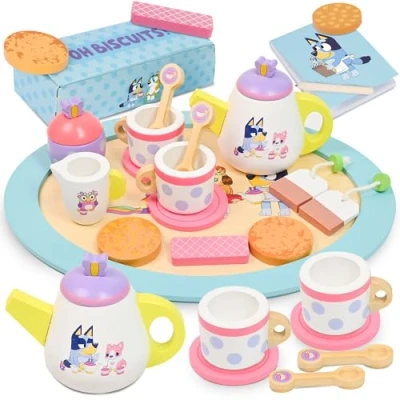 Image of Bluey Wooden Tea Party Set 18 Piece Pretend Play with Teapot, Cups, Biscuits, Tray &amp; Notepad FSC Certified Eco Friendly Toy for Kids Aged 3+ Creative Role Playing Fun