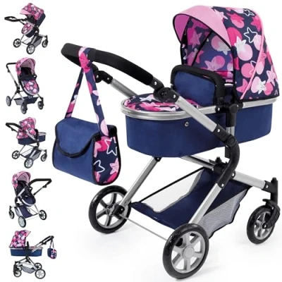 Image of Bayer Design 18169AA Doll&#039;s Pram City Neo with Changing Bag and underneath shopping basket, convertable to a pushchair, Blue/Pink