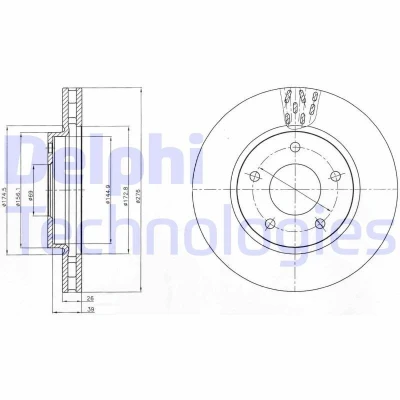 Image of 05105513AA, 5105513AA Brake disc DELPHI BG4258 276mm 26mm 5 Vented Oiled Untreated MITSUBISHI: Lancer 8 Limousine, 8, 7 Limousine