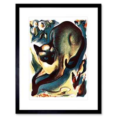 Image of Wee Blue Coo Paintings Animal Cat Butterfly Siamese Picture Framed Wall Art Print